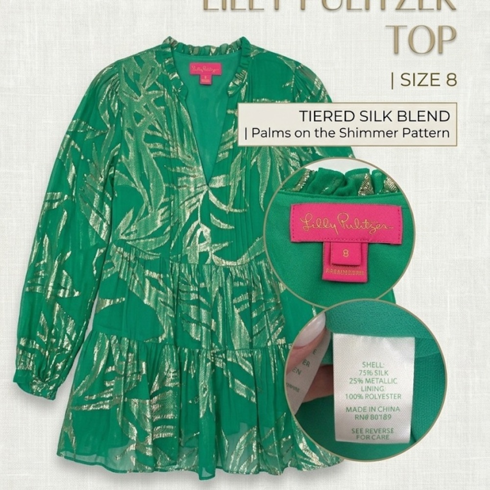 Lilly Pulitzer Green Metallic Palm Tiered Top